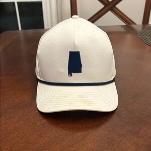 White Trucker Hat w/ Navy Alabama State Outline